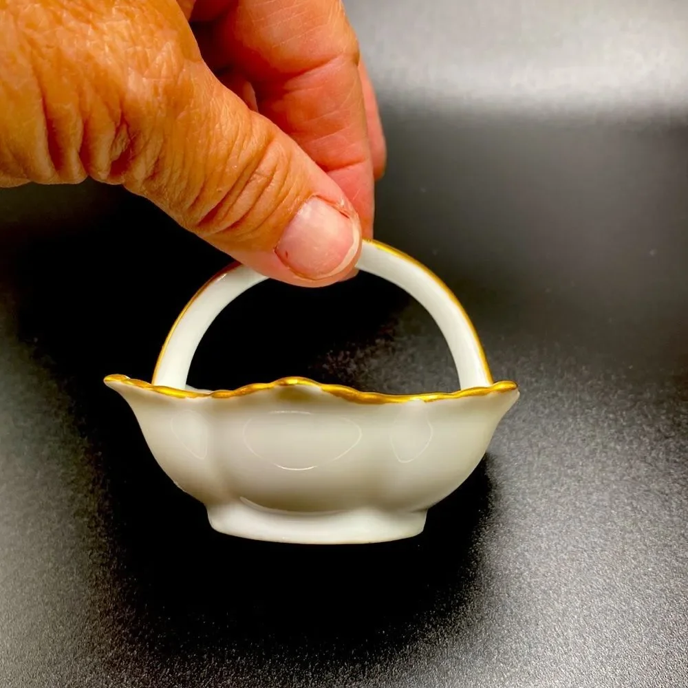Adorable Vintage 50s Mini White with Gold Trim Porcelain Basket Ring Holder Mini